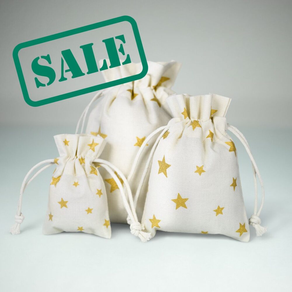 100 pieces Ecological Cotton Drawstring Bags with Golden Stars pattern